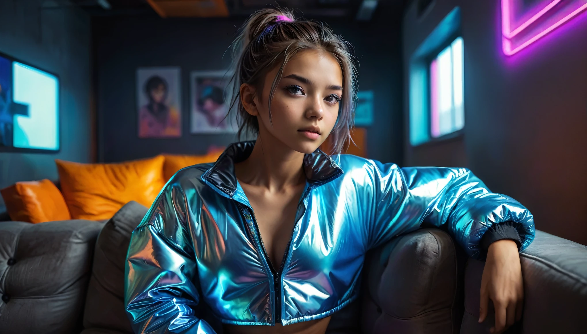 Top Quality, Masterpiece, High Resolution, 8k, (cute skinny barely legal girl ((((in oversized loose shiny puffer crop shirt with deep cleavage, deep neckline)))) and wetlook leggings, ((small perky breasts)), beautiful detailed eyes, beautiful detailed lips, small closed mouth, extremely detailed face, tanned skin, long slick ponytail hair, small hips, some tattoos, very young girl, teenage girl), (((in cyberpunk apartment, random pose next to a couch))), moody atmosphere, random dramatic and neon colors, futuristic setting, intricate details, at night, backlit, full body shot