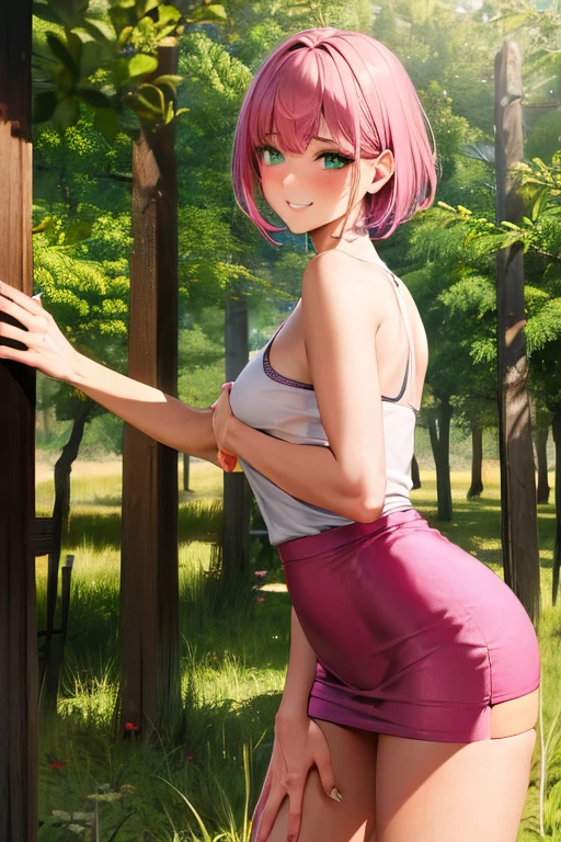 Best Picture, Masterpiece, 4K, High Quality, One Adult
Woman. The woman has pink hair. Her hair is a pixie cut. Long slit eyes, green eyes,
Model like beauty, perfect proportions. Perfect legs. Perfect arms. Tank top and tight mini skirt. High heels.
(A woman stands in the grass in the forest.
She has a blush on her cheeks and a mischievous smile on her face.