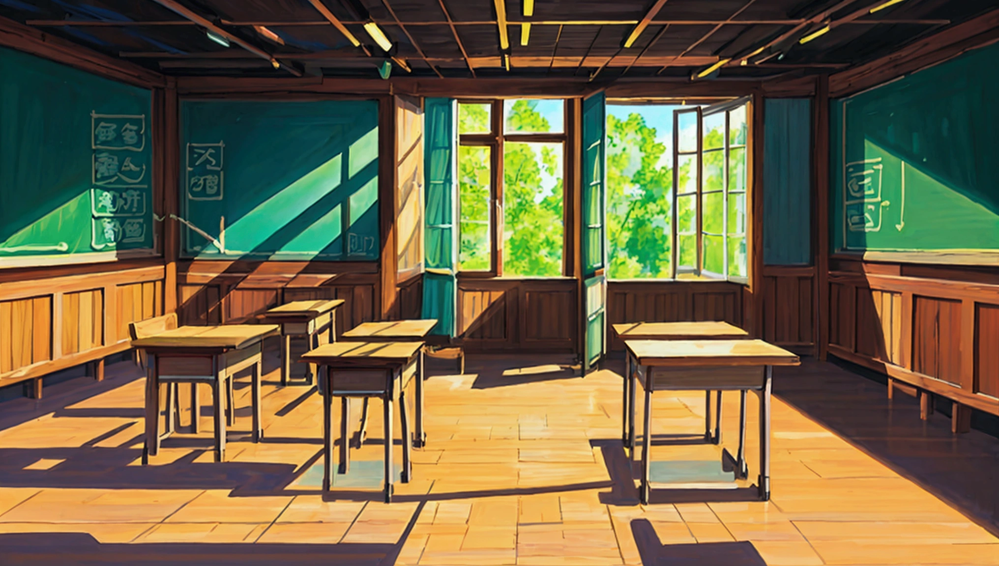 A classroom filled with desks and books, a chalkboard in the background, sunlight streaming through large windows, creating soft shadows on textured wallpaper, a sense of focus among the students, in the style of anime with vibrant colors, a detailed illustration, a closeup perspective, at a high resolution.