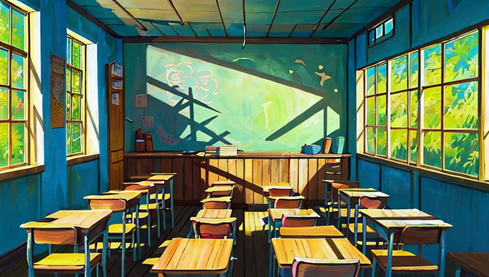 A classroom filled with desks and books, a chalkboard in the background, sunlight streaming through large windows, creating soft shadows on textured wallpaper, a sense of focus among the students, in the style of anime with vibrant colors, a detailed illustration, a closeup perspective, at a high resolution.