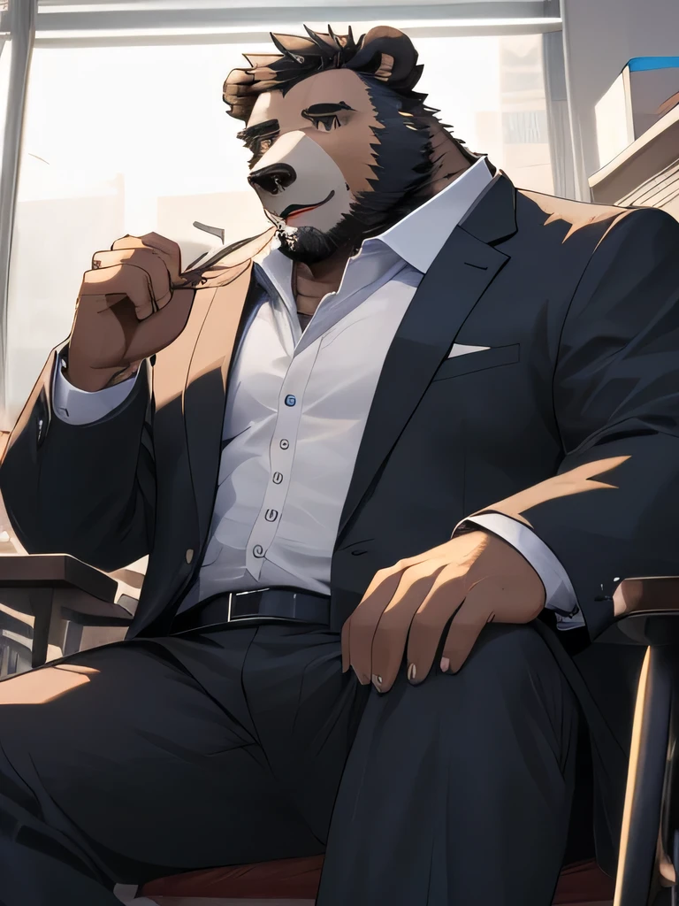 (Very detailed), Clear focus,hairy, Black and white fur), black beard, Black Hair,human nature (棕Bear:1.3), male, Middle-aged and elderly people, Brown body, White belly, muscular ,(Crotch bulge),Very detailed face,(Disheveled:1.4),(best quality), (masterpiece), High Detail, high quality,high resolution,16K,(Bear:1.3),Office Background,Set,Suits