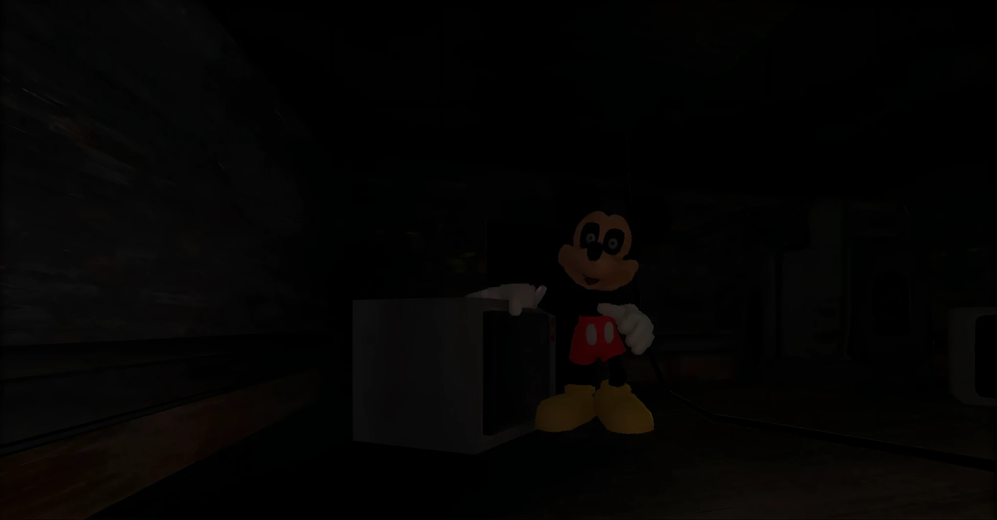 mickey mouse in a dark room with a television and a refrigerator, mickey mouse, disney render, anthropomorphic mouse, ( ( 3 d render ) ), lurking in the darkness, ( ( ( ( 3 d render ) ) ) ), unsettling atmosphere, inspired by Alfred Freddy Krupa, volumetric lighting”, rendered in sfm, steamboat willie