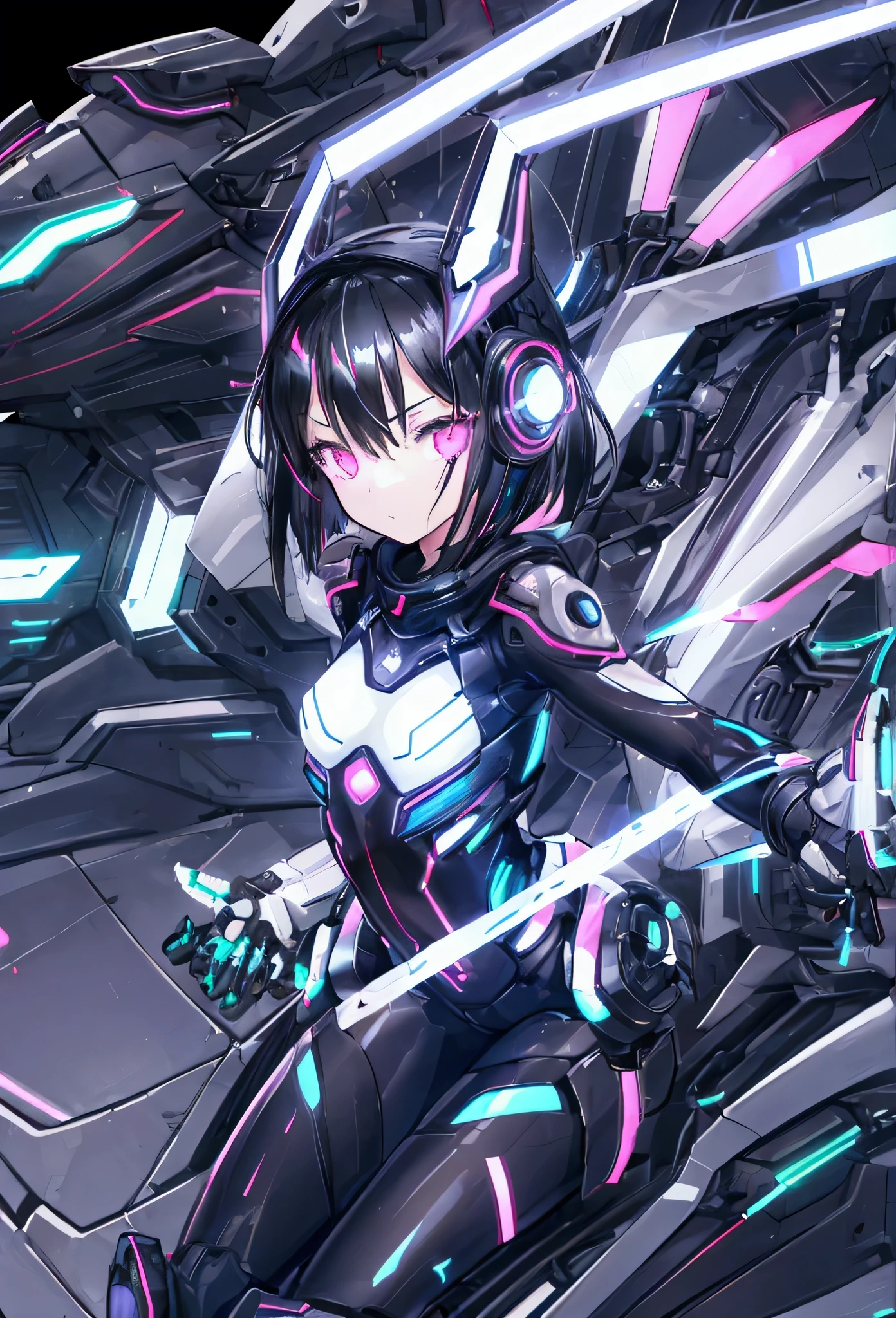 1girl, solo, (adolescent:1.4), small breasts, black hair with neon streak, mechanical headgear, expressive poses, bright LED, skin-tight chrome pilot suit, simple background.