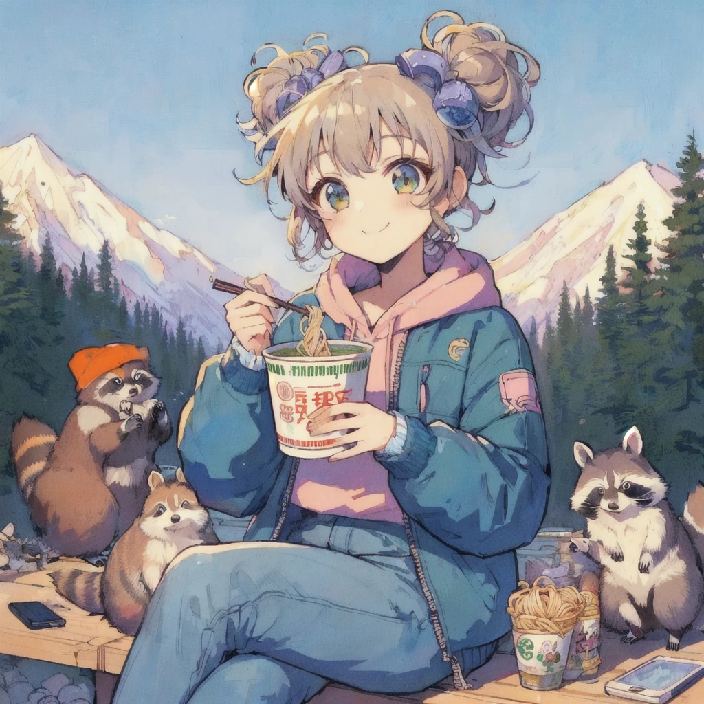 Anime girl eating ramen with raccoons and raccoons in the background, Mountain,LOFI Girl, smile,Cute art style, 高品質のAnime art style, Anime Moe Art Style, beautiful Anime art style, Lofi Artstyle, Cute and detailed digital art, Lofi Art, Official artwork, Anime art style, Portrait of Rofi, In 80s anime art style