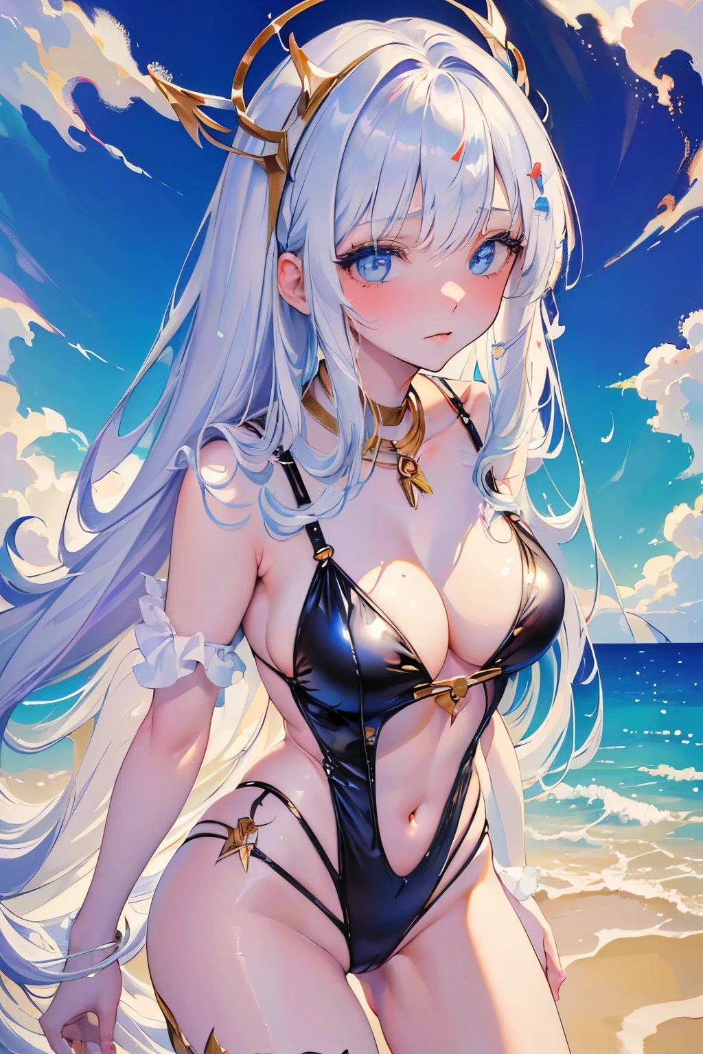 The erotic silver saint in a super high-cut, risqué slingshot and string swimsuit outfit is embarrassed because she can't move and is tied up with chains, her hands raised and her legs spread apart, hanging in the air.(((SFW、sound、Highest quality、first-class、masterpiece、Normal body、8k、Detailed face、Ultra-precision、Normal hand、Normal finger、5Finger、Highest)))