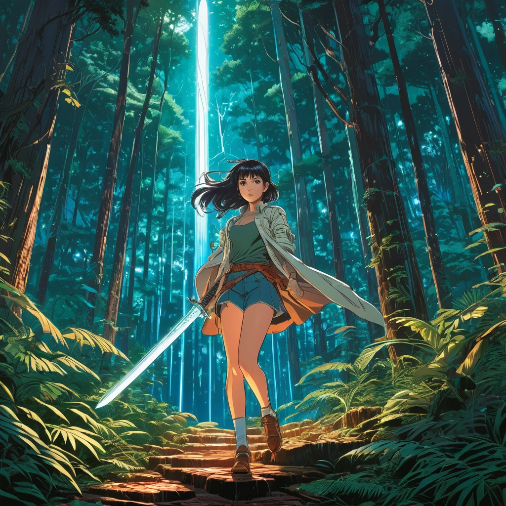 a magical sword levitating in a forest, an anime drawing, trending on Artstation, serial art, martin ansin artwork, at nighttime, dan mumford , disco elysium artwork, makoto sinkai, detailed anime artwork, bright colors, dark tones, intricate details, energetic composition, big dreamy eyes, beautiful intricate colored hair, symmetrical, by sam yang, by makoto shinkai