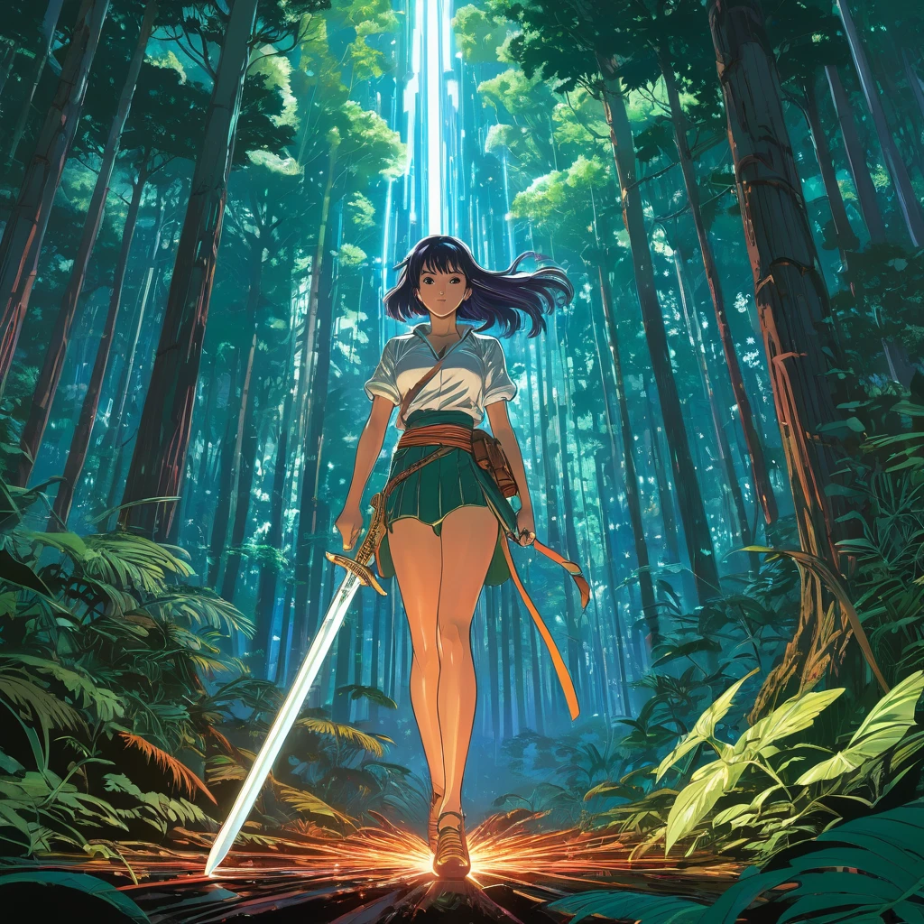 a magical sword levitating in a forest, an anime drawing, trending on Artstation, serial art, martin ansin artwork, at nighttime, dan mumford , disco elysium artwork, makoto sinkai, detailed anime artwork, bright colors, dark tones, intricate details, energetic composition, big dreamy eyes, beautiful intricate colored hair, symmetrical, by sam yang, by makoto shinkai