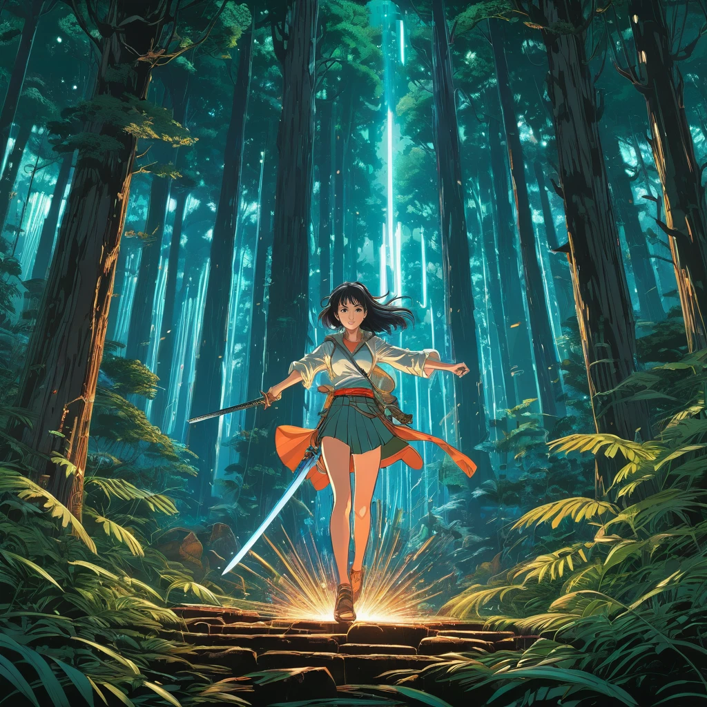 a magical sword levitating in a forest, an anime drawing, trending on Artstation, serial art, martin ansin artwork, at nighttime, dan mumford , disco elysium artwork, makoto sinkai, detailed anime artwork, bright colors, dark tones, intricate details, energetic composition, big dreamy eyes, beautiful intricate colored hair, symmetrical, by sam yang, by makoto shinkai