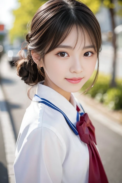(Cute 15 year old Japanese))、on the road、Highly detailed face、Pay attention to the details、double eyelid、Beautiful thin nose、Sharp focus:1.2、Beautiful woman:1.4、Cute Hairstyles、Pure white skin、Highest quality、masterpiece、Ultra-high resolution、(Realistic:1.4)、Highly detailed and professional lighting、nice smile、Japanese school girl uniform