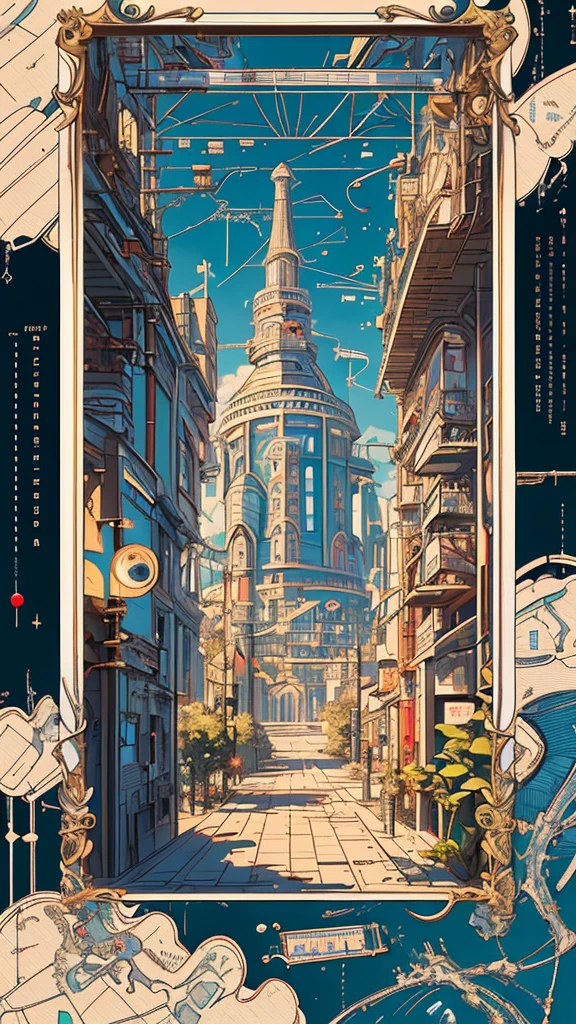 ((masterpiece, highest quality)), 32k wallpaper, very detailed, poster, vintage science, future town, future tickets