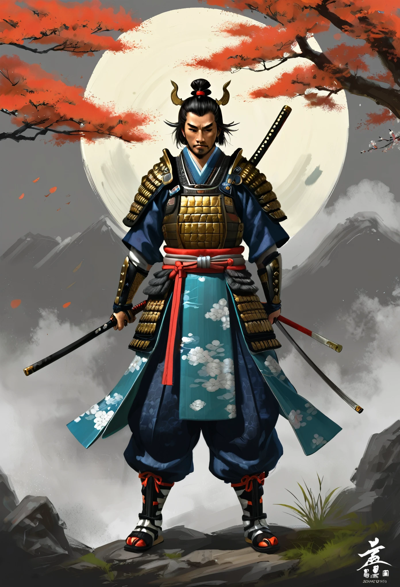 Need to create concept art of a samurai for MMORPG, centered on a Japanese setting. The character must be presented in classic samurai armor and weapons, combining elements of traditional and fantasy design, more details. digital painting