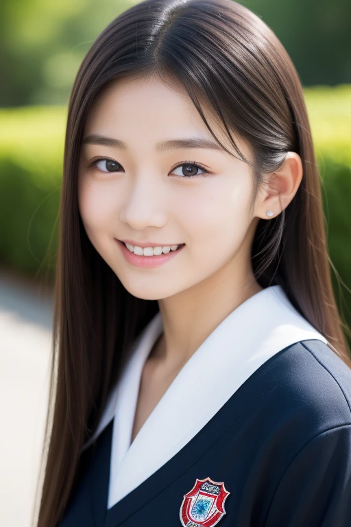 (Cute 15 year old Japanese))、on the road、Highly detailed face、Pay attention to the details、double eyelid、Beautiful thin nose、Sharp focus:1.2、Beautiful woman:1.4、Cute Hairstyles、Pure white skin、Highest quality、masterpiece、Ultra-high resolution、(Realistic:1.4)、Highly detailed and professional lighting、nice smile、Japanese school girl uniform