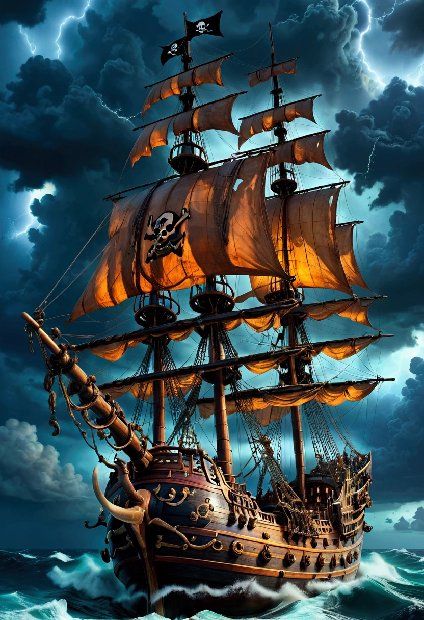 Pirate War, A pirate ship sailing on a stormy sea, dark clouds in the sky, lightning strikes, crew members battling with swords, cannons firing, treasure chest on the deck, detailed gritty textures, dramatic lighting, moody color palette, (4k,8k,highres:1.2), ultra-detailed, cinematic, action adventure, hyper detailed, masterpiece, best quality, very aesthetic, absurdres