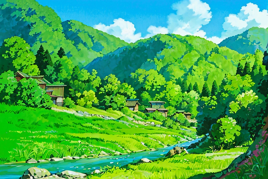  beautiful mountain village with rice fields and a stream flowing through the valley. Small houses sit in front of it. The green mountains surround them, creating a style reminiscent of anime. It is fully colored, with a panoramic view of the scenery. With high definition resolution, the picture quality is clear and bright.