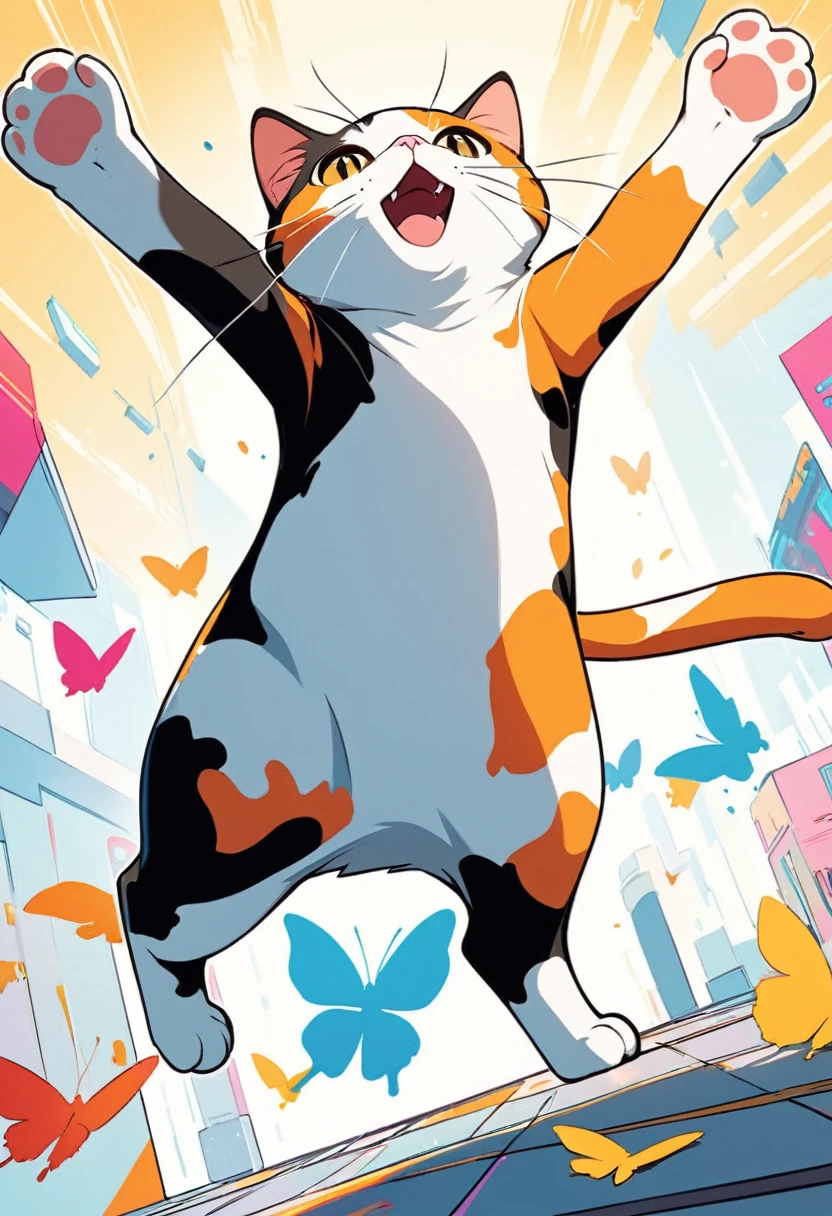 (masterpiece, best quality:1.2), from below, low angle shot, pop art, calico cat, solo, full body, Jump up highly from floor and catching the flying butterfly, stop motion