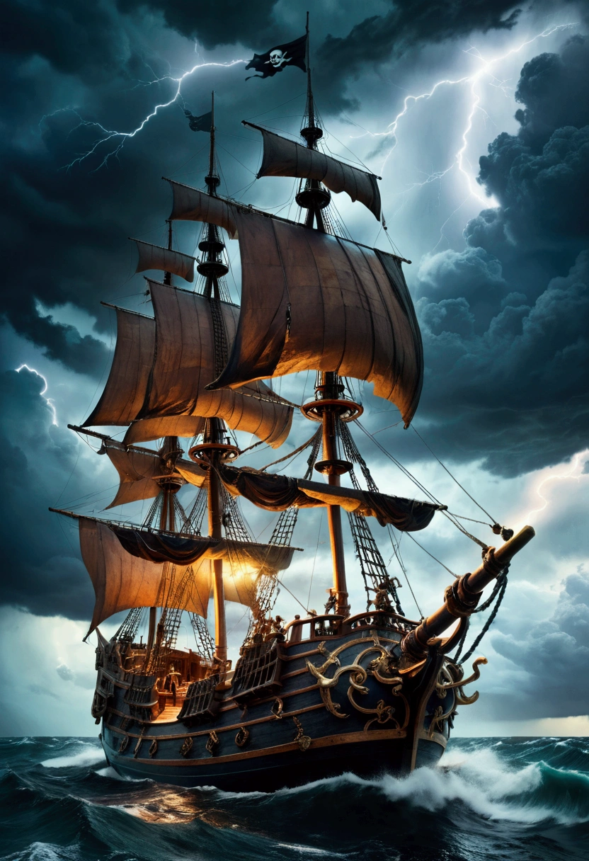 Pirate War, A pirate ship sailing on a stormy sea, dark clouds in the sky, lightning strikes, crew members battling with swords, cannons firing, treasure chest on the deck, detailed gritty textures, dramatic lighting, moody color palette, (4k,8k,highres:1.2), ultra-detailed, cinematic, action adventure, hyper detailed, masterpiece, best quality, very aesthetic, absurdres