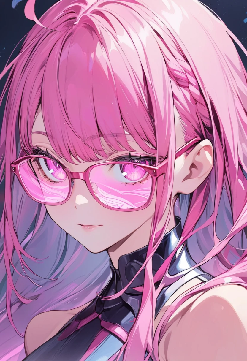 Close-up of a woman with pink hair wearing glasses, artwork in kawaii full vody portrait, inspired by Seihiko-kun, glowing pink face, pink girl, full body anime portrait, pink glasses, glowing pink eyes, with big boobs and thynder tights