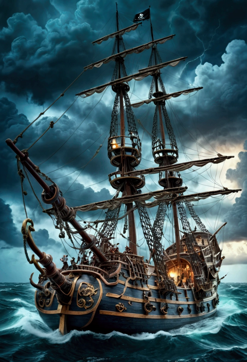 Pirate War, A pirate ship sailing on a stormy sea, dark clouds in the sky, lightning strikes, crew members battling with swords, cannons firing, treasure chest on the deck, detailed gritty textures, dramatic lighting, moody color palette, (4k,8k,highres:1.2), ultra-detailed, cinematic, action adventure, hyper detailed, masterpiece, best quality, very aesthetic, absurdres