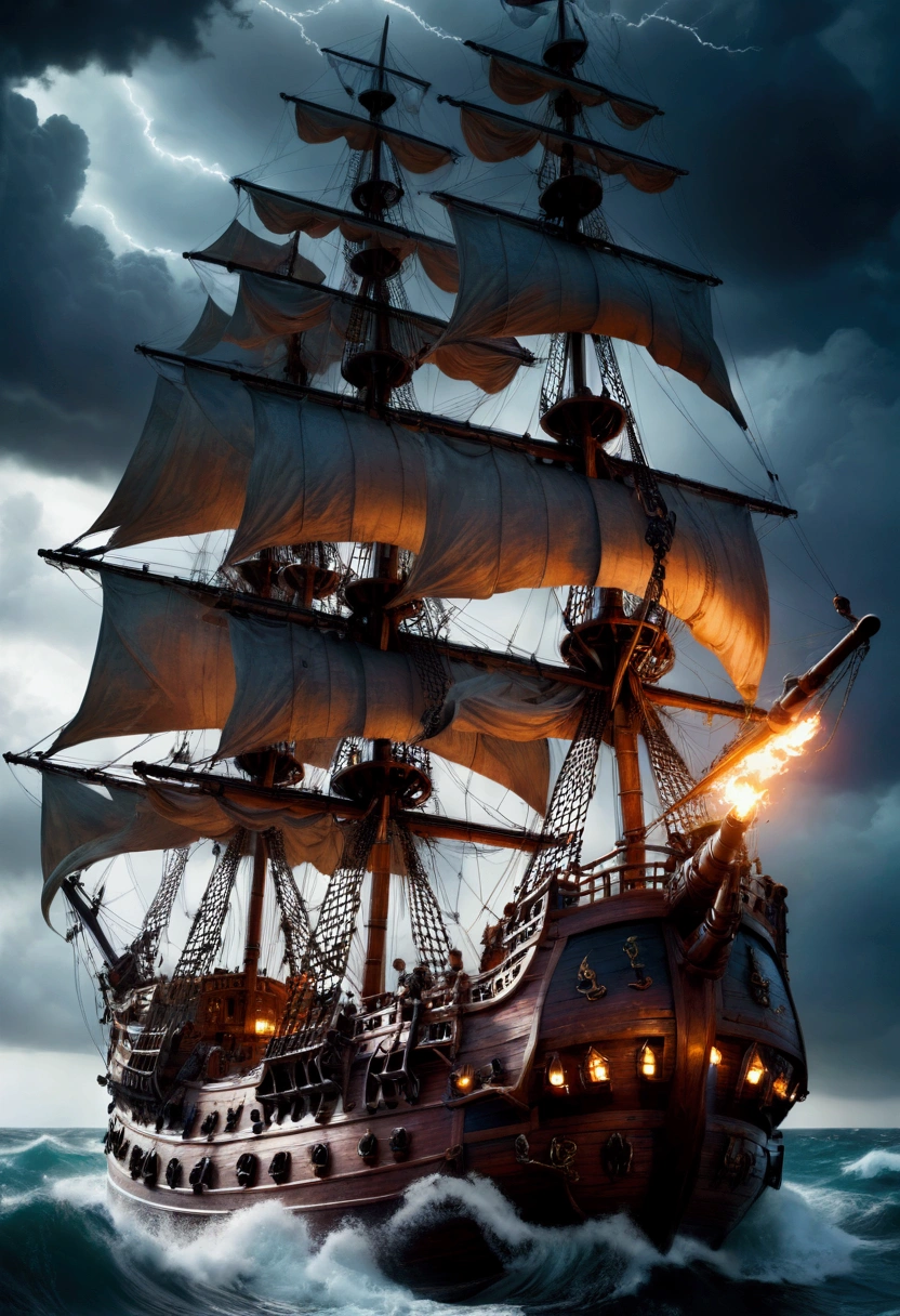 Pirate War, A pirate ship sailing on a stormy sea, dark clouds in the sky, lightning strikes, crew members battling with swords, cannons firing, treasure chest on the deck, detailed gritty textures, dramatic lighting, moody color palette, (4k,8k,highres:1.2), ultra-detailed, cinematic, action adventure, hyper detailed, masterpiece, best quality, very aesthetic, absurdres