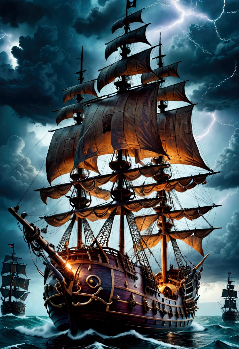 Pirate War, A pirate ship sailing on a stormy sea, dark clouds in the sky, lightning strikes, crew members battling with swords, cannons firing, treasure chest on the deck, detailed gritty textures, dramatic lighting, moody color palette, (4k,8k,highres:1.2), ultra-detailed, cinematic, action adventure, hyper detailed, masterpiece, best quality, very aesthetic, absurdres