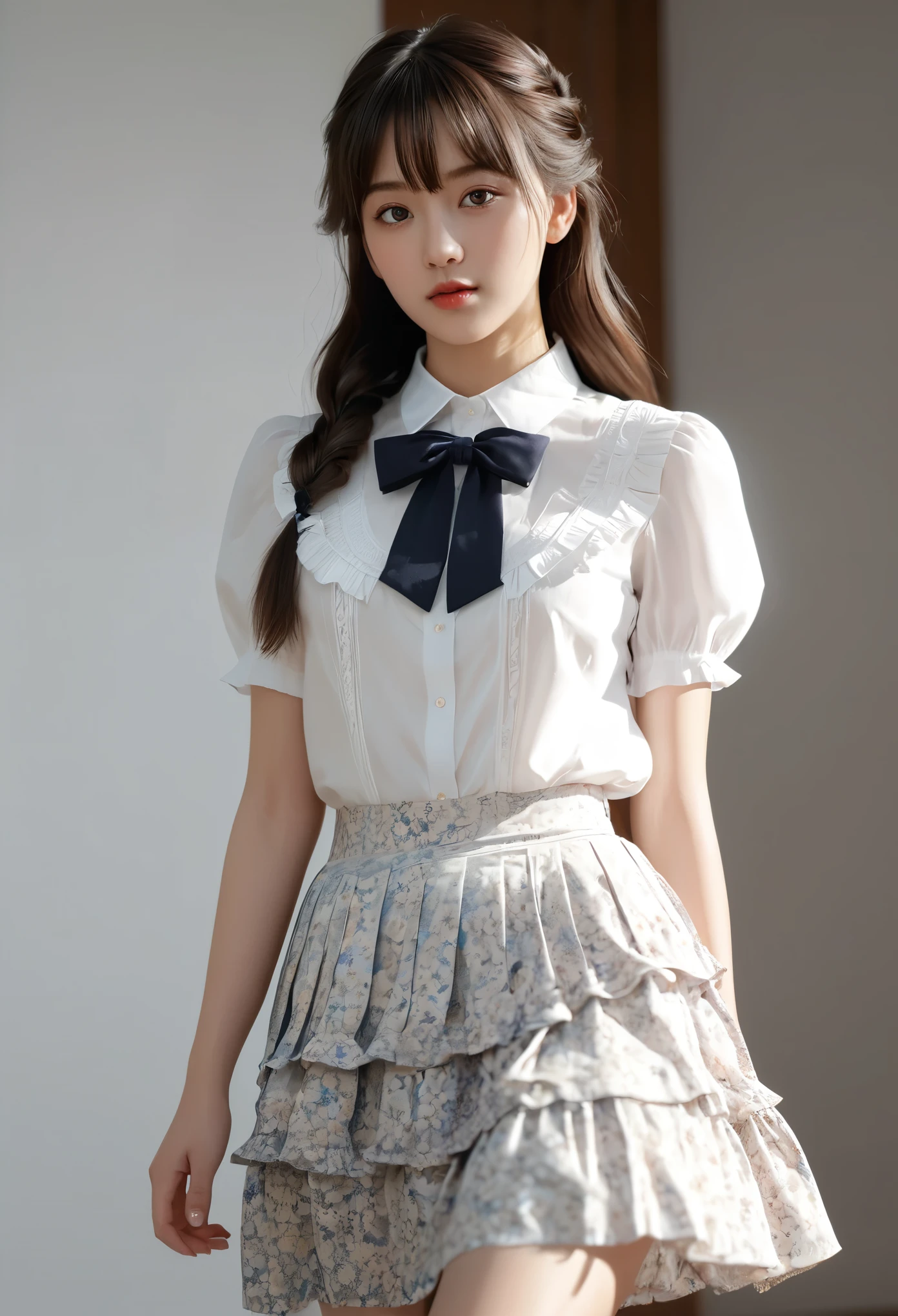 (masterpiece), (最high quality), (Very detailedな), (Best Shadow), (photoRealistic:1.4), Frilled blouse, skirt, white ankle socks, (((((A long shot of a woman walking slowly))))), high quality, masterpiece, Very detailedな, High resolution, 4K, 超High resolution, Detailed Shadows, Ultra-realistic, Dramatic lighting, One Girl, alone, Detailed face, Realistic eyes, Realistic Skin, Dynamic Hair, Dynamic pose, Dynamic Angle, White floral dress, White Background, Urzan-6500-v1.1, (RAW Photos:1.2), ( Realistic:1.4), Beautiful detailed girl, Very detailed eyes and face, Beautiful attention to detail, Ridiculous, incredibly Ridiculous, Large file size, Very detailedな, High resolution, Very detailed, 最high quality, (Bright interior), (Soft Light), (Low contrast), (Shallow depth of field), (portrait of a beautiful woman illuminated by gentle light), (Very delicate and elegant depiction), (Short bangs), (Hair color is dark chestnut with a slight brown tinge), (Hair with subtle and gentle waves), (Small, intricate braids on the side of long hair), (Decorated with thin ribbons), ( White blouse with small frills), (bow tie), (青いロングskirt), (White short ankle socks), shape, Very detailed, CG, Unified, 8k wallpaper, wonderful, Finer details, 最high quality, Very detailed CG Unified 8k wallpaper, Face Light, Cinema Lighting, One Girl, ,
