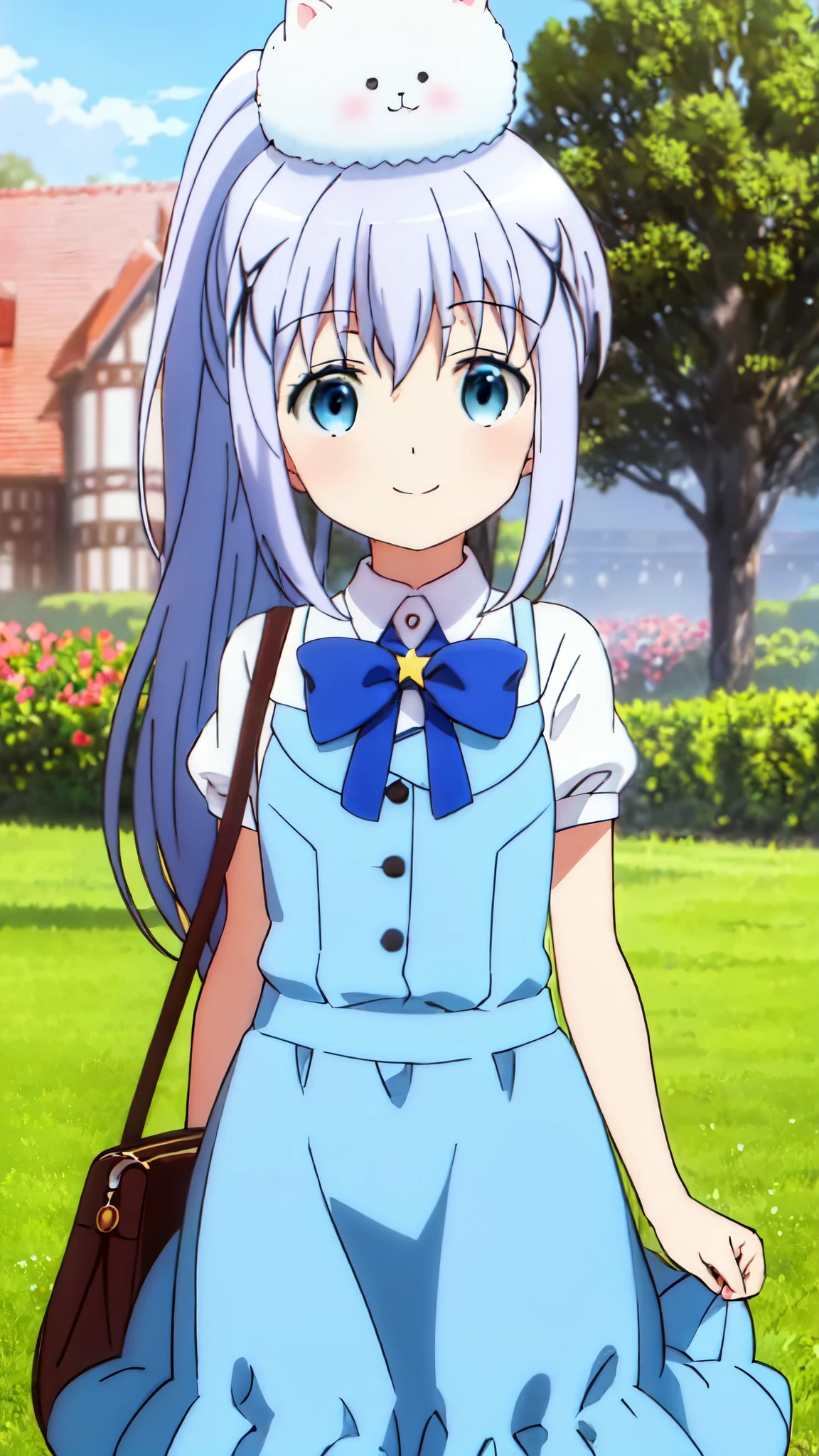 very cute and beautiful girl,(highly detailed beautiful face and eyes),standing,tiny colorful flowers on grassland,(Chino Kaho:1.5),
(smile),looking at viewer,blue hair,long hair,cowboy shot,
(best quality,masterpiece:1.0),absurdres,highres,ultra-detailed,extremely detailed,32K,
cinematic scene,detailed background,solo,dynamic angle,
hair fluttering in the wind,beautiful detailed sky,