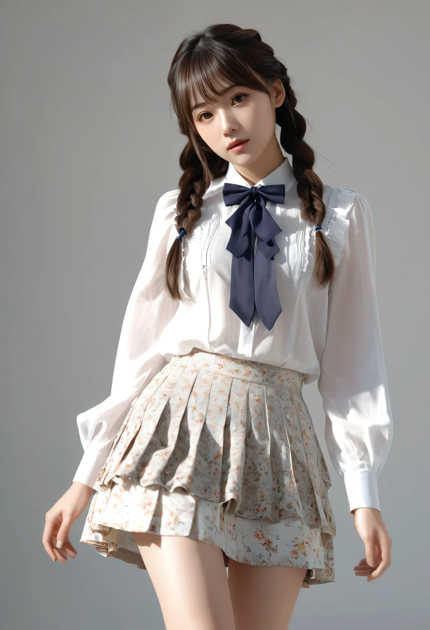 (masterpiece), (最high quality), (Very detailedな), (Best Shadow), (photoRealistic:1.4), Frilled blouse, skirt, white ankle socks, (((((A long shot of a woman walking slowly))))), high quality, masterpiece, Very detailedな, High resolution, 4K, 超High resolution, Detailed Shadows, Ultra-realistic, Dramatic lighting, One Girl, alone, Detailed face, Realistic eyes, Realistic Skin, Dynamic Hair, Dynamic pose, Dynamic Angle, White floral dress, White Background, Urzan-6500-v1.1, (RAW Photos:1.2), ( Realistic:1.4), Beautiful detailed girl, Very detailed eyes and face, Beautiful attention to detail, Ridiculous, incredibly Ridiculous, Large file size, Very detailedな, High resolution, Very detailed, 最high quality, (Bright interior), (Soft Light), (Low contrast), (Shallow depth of field), (portrait of a beautiful woman illuminated by gentle light), (Very delicate and elegant depiction), (Short bangs), (Hair color is dark chestnut with a slight brown tinge), (Hair with subtle and gentle waves), (Small, intricate braids on the side of long hair), (Decorated with thin ribbons), ( White blouse with small frills), (bow tie), (青いロングskirt), (White short ankle socks), shape, Very detailed, CG, Unified, 8k wallpaper, wonderful, Finer details, 最high quality, Very detailed CG Unified 8k wallpaper, Face Light, Cinema Lighting, One Girl, ,