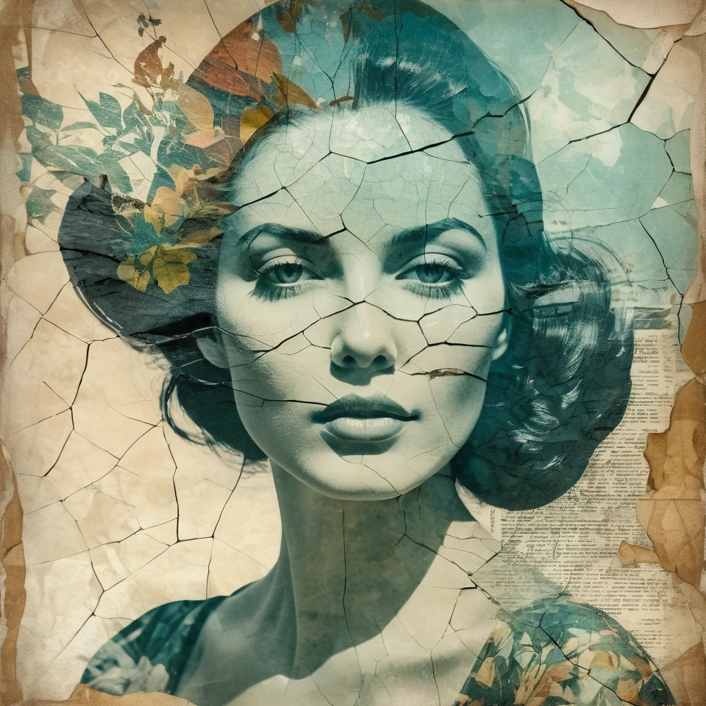 A beautiful woman, double exposure, surreal artwork, printed on cracked paper, artful, aesthetic, muted color scheme, unusual, vintage feel