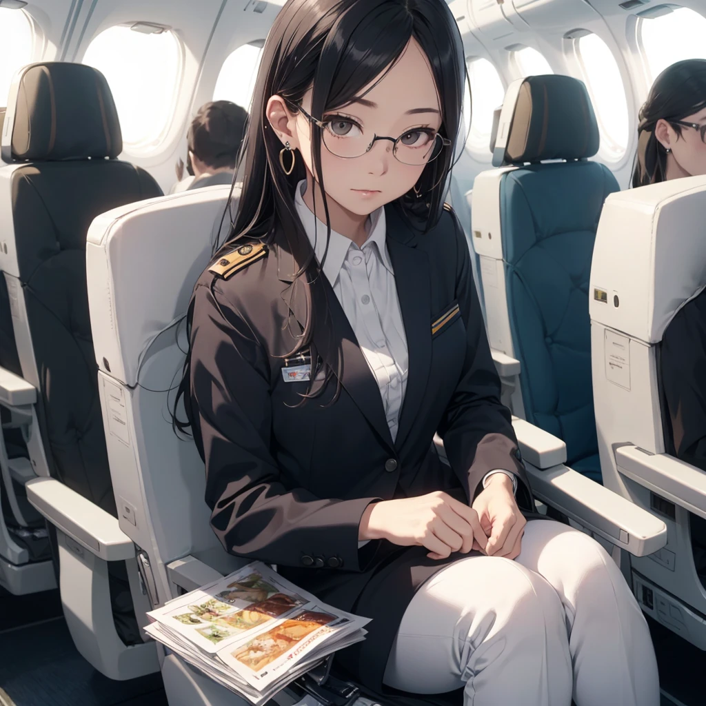 (8K, Highest quality, masterpiece:1.2), (Realistic, photo-Realistic:1.37), (High color saturation:1.0), (Very detailed肌), (Highest quality:1.0), (Ultra-high resolution:1.0) ,(Realistic:1.0), (Very detailed:1.0), (8K, RAW Photos:1.1), 22 years old, (mysterious), Clear and detailed, ((Ana_flight attendant, _uniform)), Black Pantyhose, (aircraft, aircraft seats), Cute face, Squat , (Pick up a handkerchief), squat、Backwards、Get down on one knee、stewardess。Glasses、Earrings