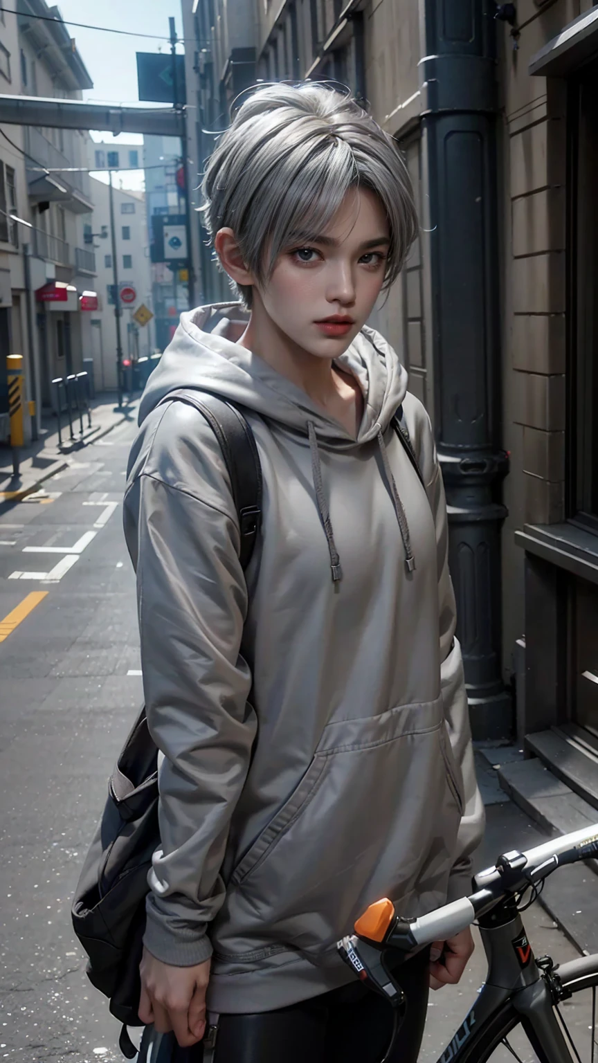 masterpiece,Game Art,Best picture quality,Maximum resolution,8k,(Upper Body),Unreal Engine 5 rendering works,(Digital Photography),(Boy on bike),Short hair details,Short bangs,(The eyes are very delicate),(Has short grey hair:1.4),(Perfect body),(Grey hooded sweatshirt),Alley,light，Ray Tracing,CG，((3D Unreal Engine)),OC rendering reflection mode