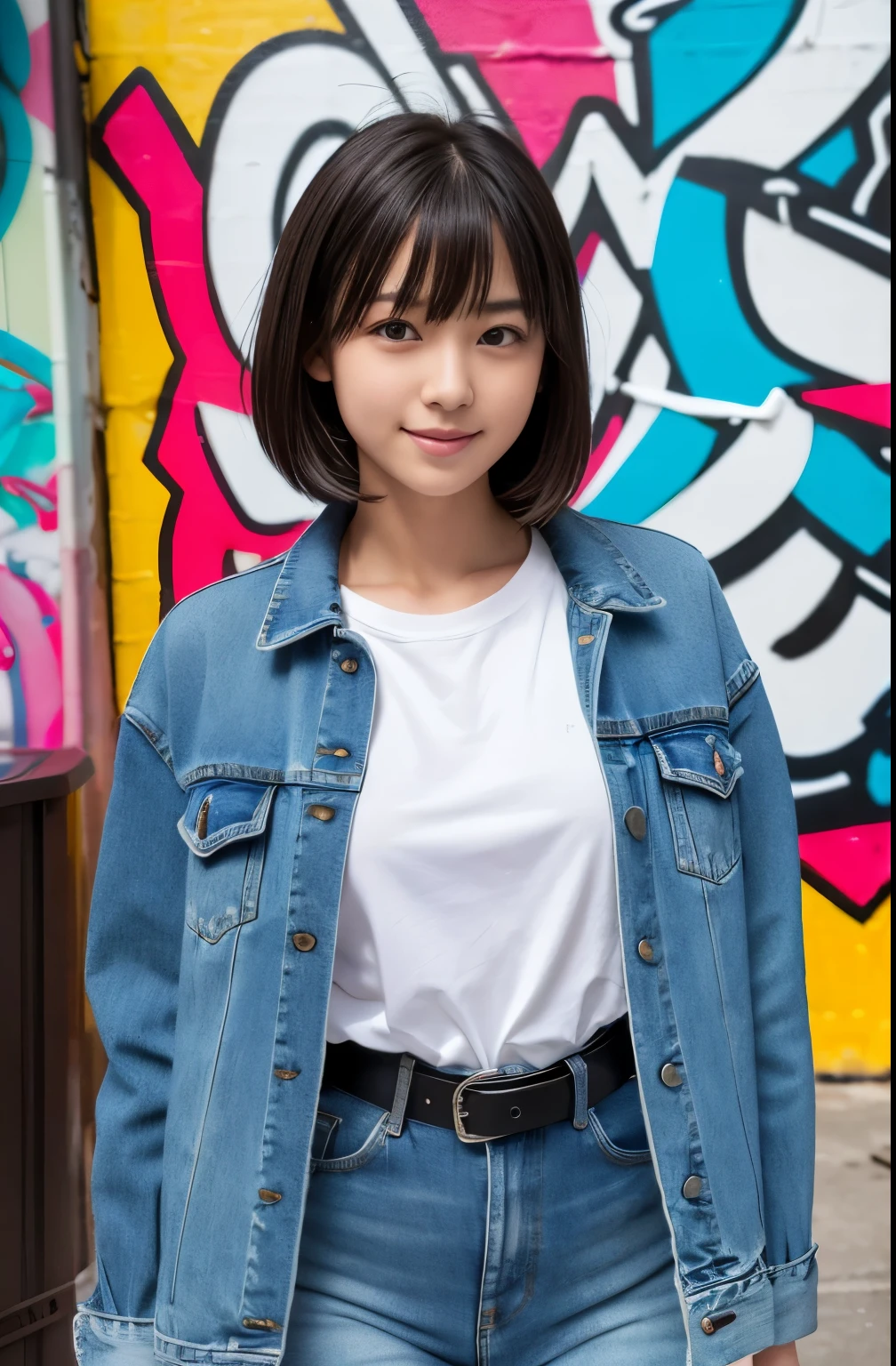 masterpiece, Highest quality, Realistic, RAW Photos, Digital SLR, Beautiful Japan girl at , Glowing White Skin, Realistic and beautiful no-makeup face, Realistic and beautiful bright eyes, double eyelid, View the viewer, smile, Most detailed shiny black short hair and bangs, Disheveled Hair, Slim figure, Slim face, Narrow waist, Medium chest, Beautiful breasts, Soft abdomen, ((Oversized Pop Jacket, Mini Underbust T-Shirt, Denim Jeans Pants, Buckle Belt, At Graffiti Alley, Waste container, Outer phase, Outdoor Unit, Holding a spray can, Are standing, bright colorful pictures on the wall)), Realistic lighting and shadows, Depth of written boundary, Extremely delicate and beautiful photos, Ultra-high resolution, 8k UHD wallpaper,