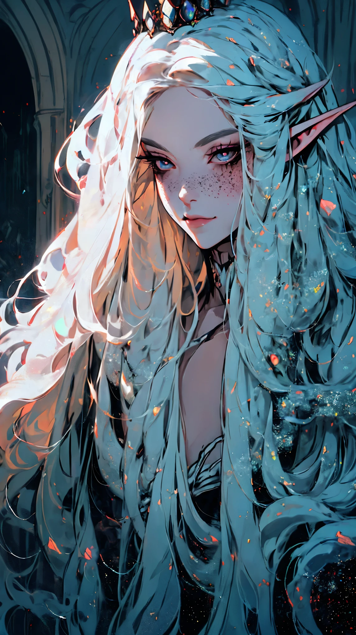 Surreal painting of a mysterious woman with flowing white hair, Elf ears, freckle, Sharp Opal Eyes, And a delicate crown, Exquisite smile, Upper Body