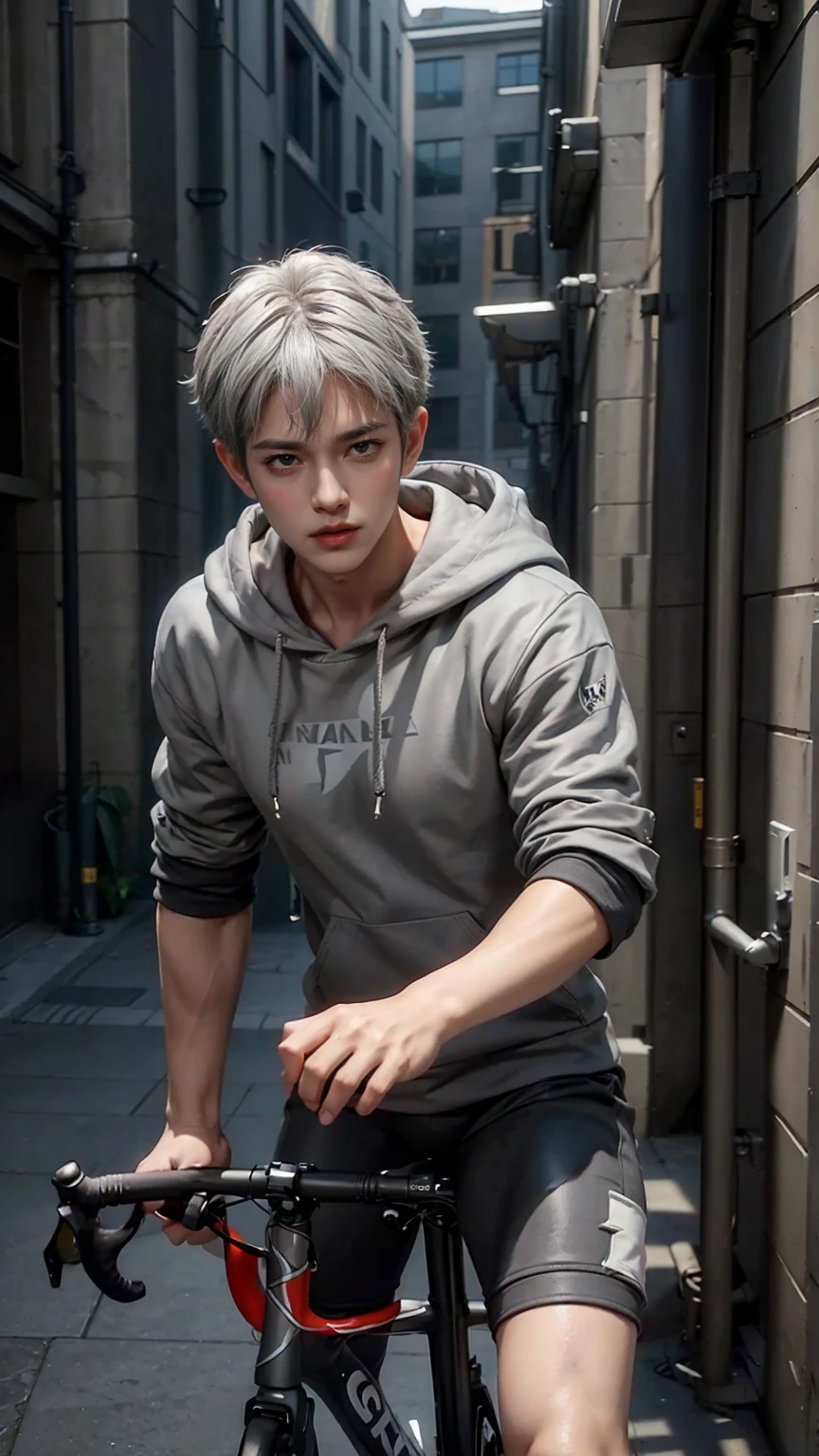 masterpiece,Game Art,Best picture quality,Maximum resolution,8k,(Upper Body),Unreal Engine 5 rendering works,(Digital Photography),(Boy on bike),Short hair details,Short bangs,(The eyes are very delicate),(Has short grey hair:1.4),(Perfect body),(Grey hooded sweatshirt),Alley,light,Ray Tracing,CG,((3D Unreal Engine)),OC rendering reflection mode