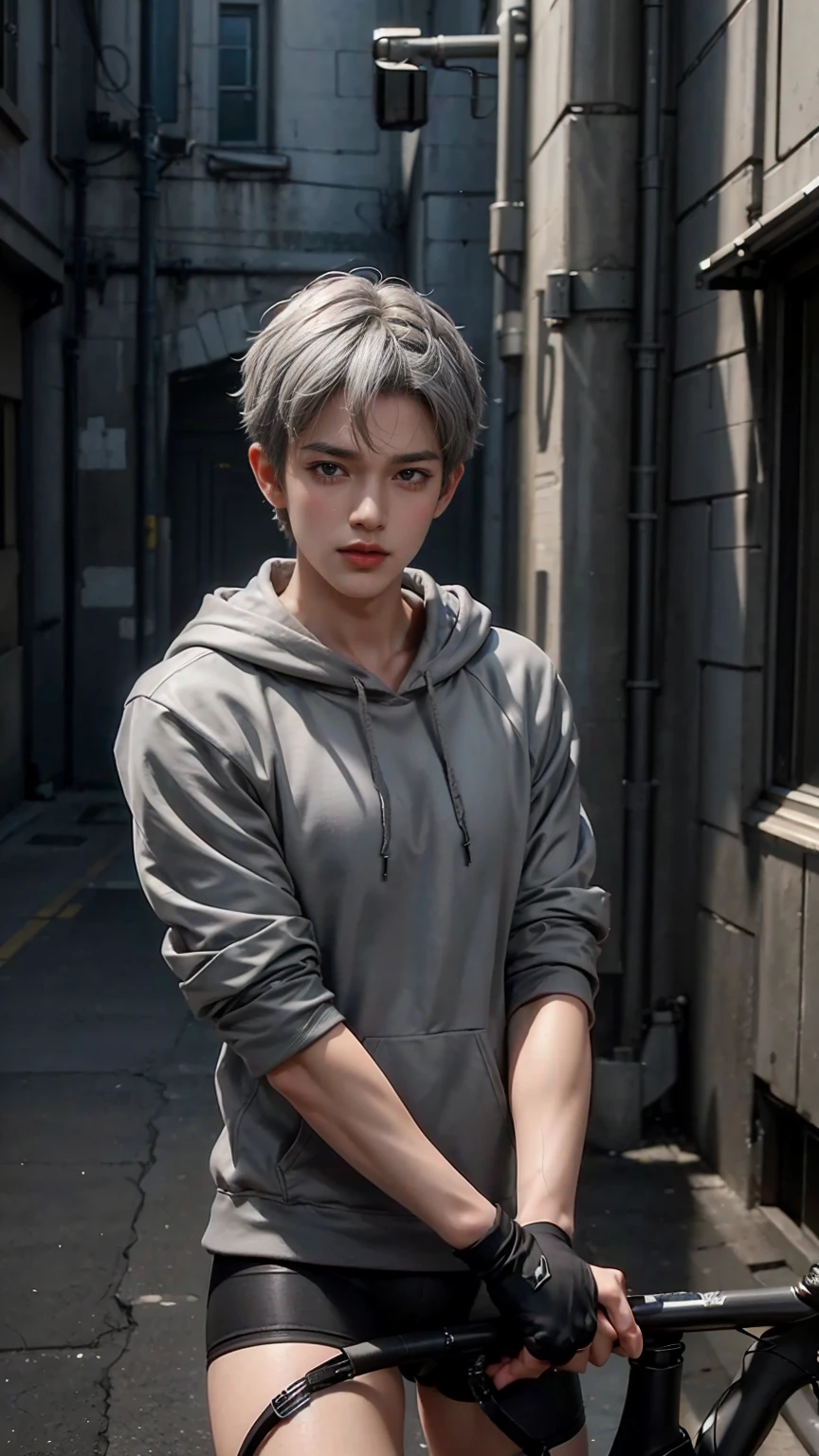 masterpiece,Game Art,Best picture quality,Maximum resolution,8k,(Upper Body),Unreal Engine 5 rendering works,(Digital Photography),(Boy on bike),Short hair details,(The eyes are very delicate),(Has short grey hair:1.4),(Perfect body),(Grey hooded sweatshirt，Grey trousers),Alley,light,night,Ray Tracing,RAW photos，((3D Unreal Engine)),OC rendering reflection mode