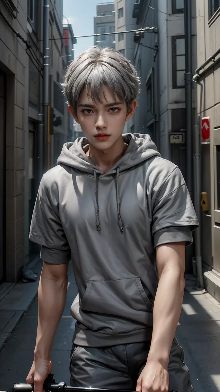 masterpiece,Game Art,Best picture quality,Maximum resolution,8k,(Upper Body),Unreal Engine 5 rendering works,(Digital Photography),(Boy on bike),Short hair details,Short bangs,(The eyes are very delicate),(Has short grey hair:1.4),(Perfect body),(Grey hooded sweatshirt),Alley,light,Ray Tracing,CG,((3D Unreal Engine)),OC rendering reflection mode