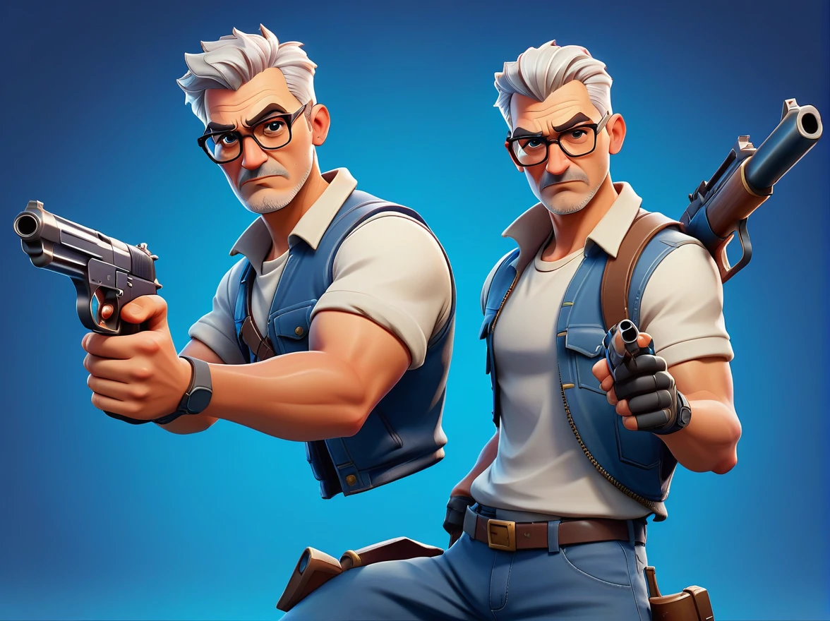 Fortnite character design, 
a man in shooting pose aiming his gun at us with left hand in his pocket, White hair, late 50s, reading glasses, clean shaven with stubble, white t-shirt, white casual t-shirt blue trousers, gun in right hand, left hand in pocket, casual pose, In the style of fortnite, reading glasses, serious face. 