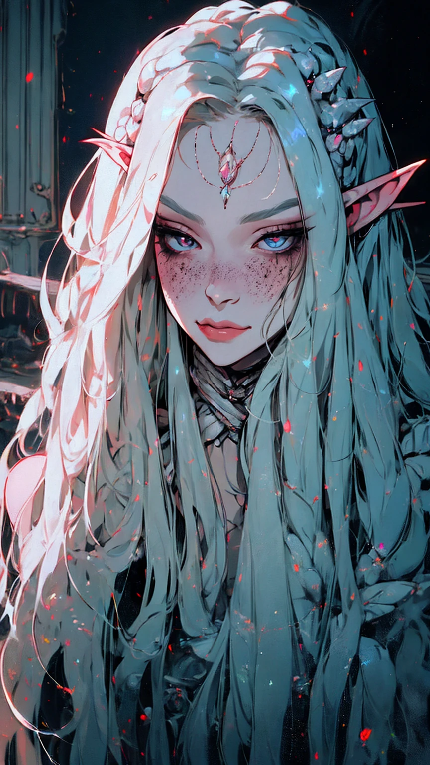 Surreal painting of a mysterious woman with flowing white hair, Elf ears, freckle, Sharp Opal Eyes, And a delicate crown, Exquisite smile, Upper Body