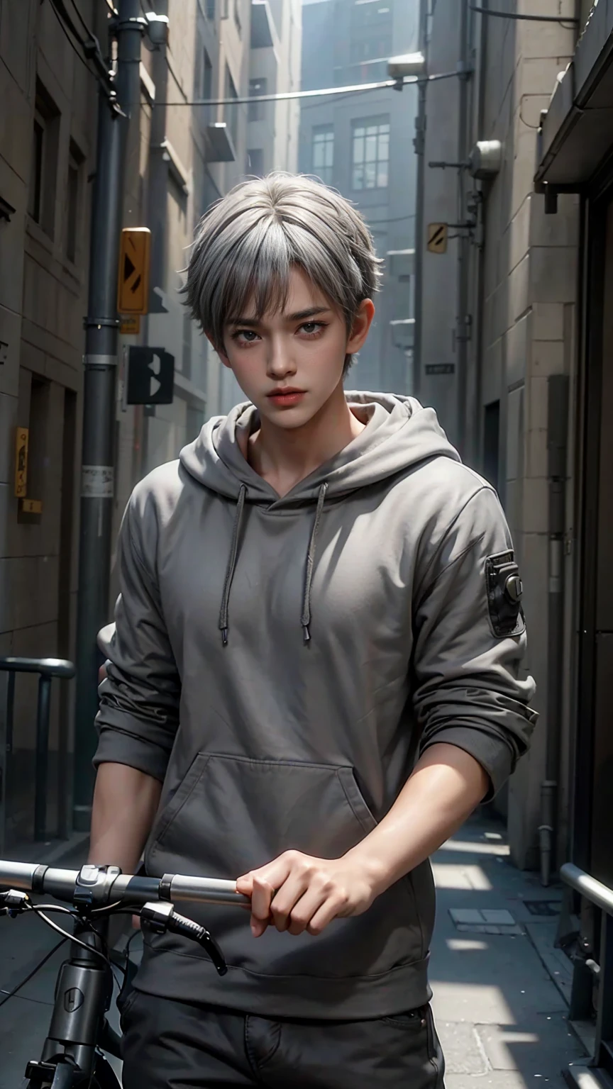 masterpiece,Game Art,Best picture quality,Maximum resolution,8k,(Upper Body),Unreal Engine 5 rendering works,(Digital Photography),(Boy on bike),Short hair details,Short bangs,(The eyes are very delicate),(Has short grey hair:1.4),(Perfect body),(Grey hooded sweatshirt),Alley,light,Ray Tracing,CG,((3D Unreal Engine)),OC rendering reflection mode