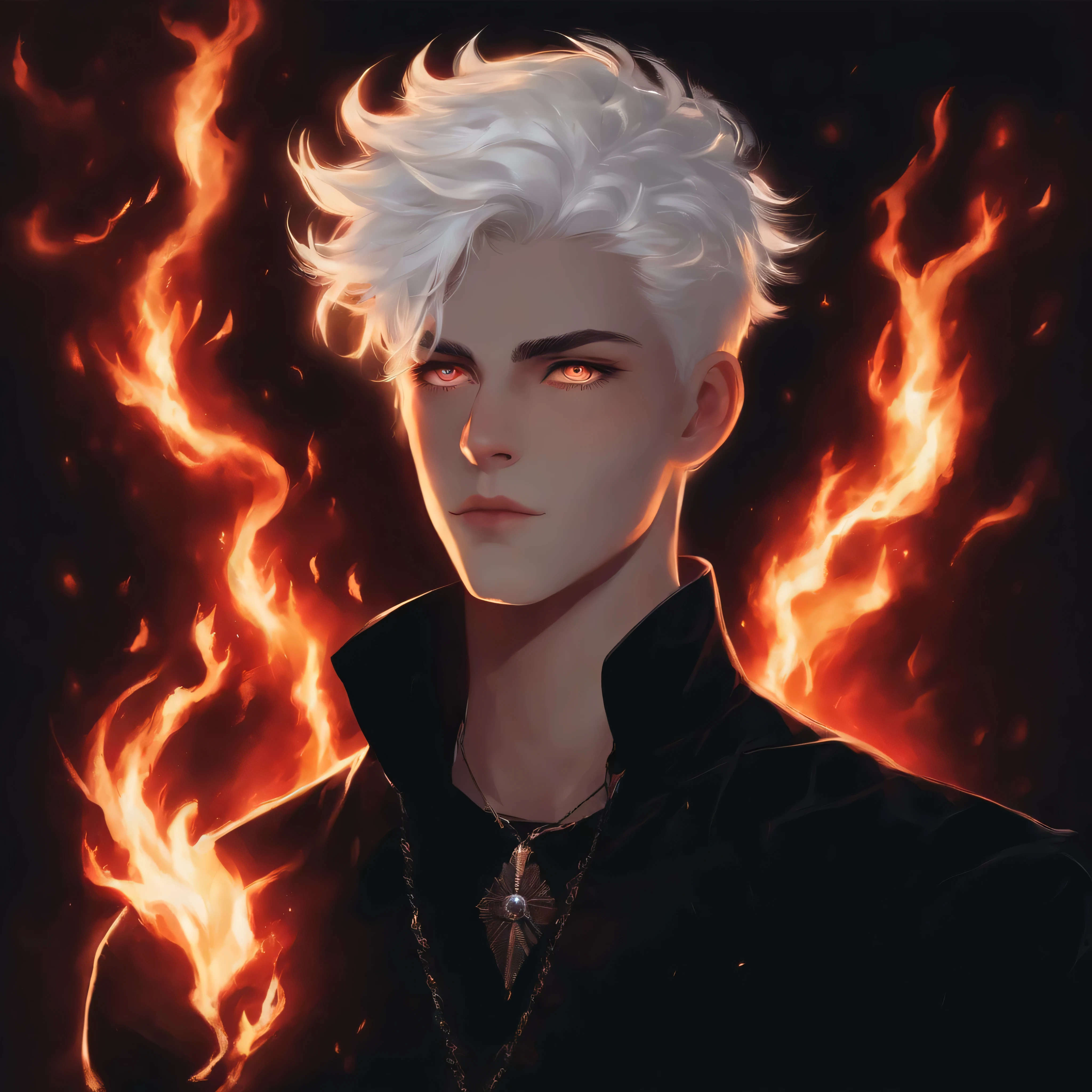 A 16 year old boy with blue, dotted white Eyes with white and syan hair looking into the sky wearing a black outfit and with lightning and flaming black and red hands