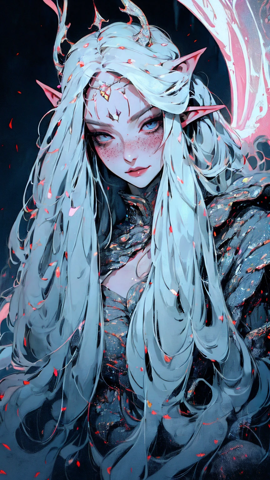 Surreal painting of a mysterious woman with flowing white hair, Elf ears, freckle, Sharp Opal Eyes, And a delicate crown, Exquisite smile, Upper Body