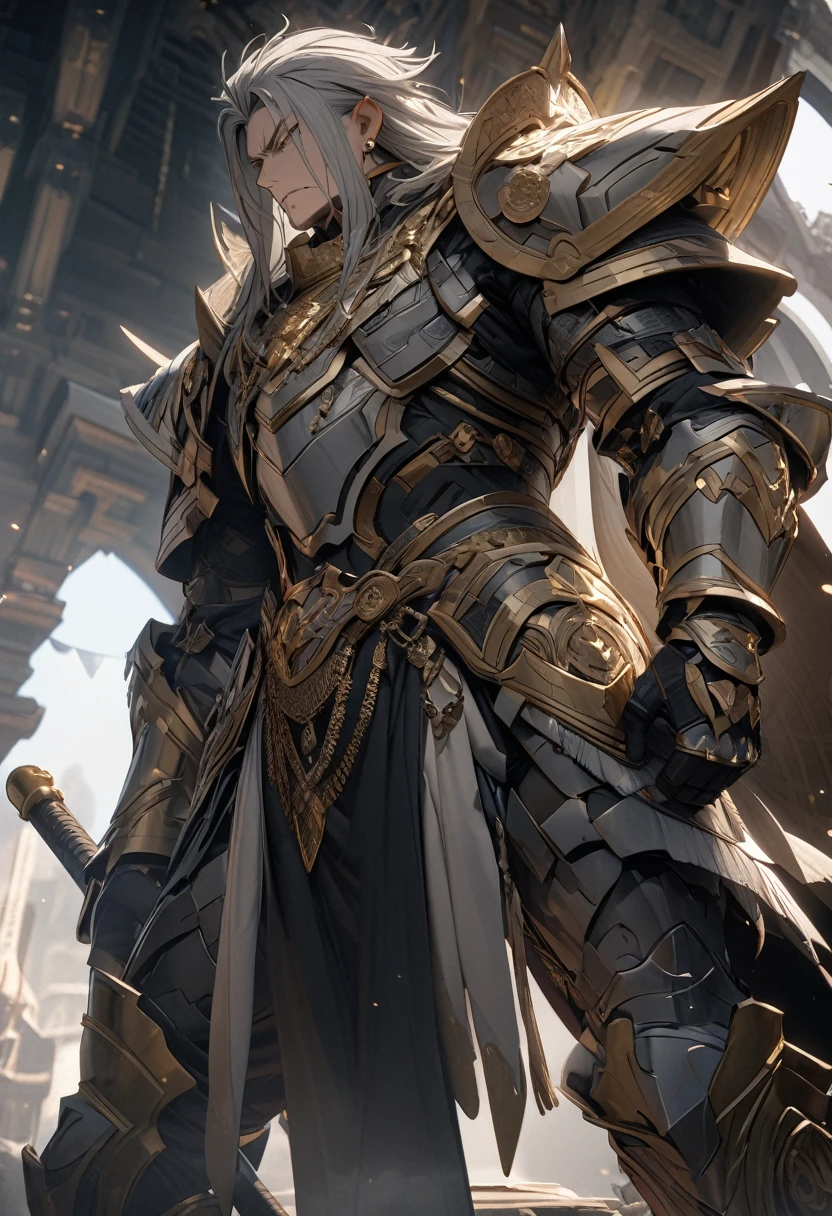 masterpiece, 8k, best quality, highly detailed, an older human male wearing a mostly light grey metal armor that has gold accents with 2 black metal chakrams based off of polynesian myth