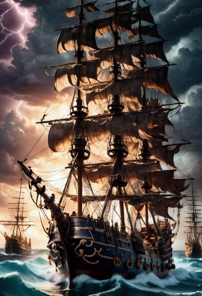 Pirate War, A pirate ship sailing on a stormy sea, dark clouds in the sky, lightning strikes, crew members battling with swords, cannons firing, treasure chest on the deck, detailed gritty textures, dramatic lighting, moody color palette, (4k,8k,highres:1.2), ultra-detailed, cinematic, action adventure, hyper detailed, masterpiece, best quality, very aesthetic, absurdres