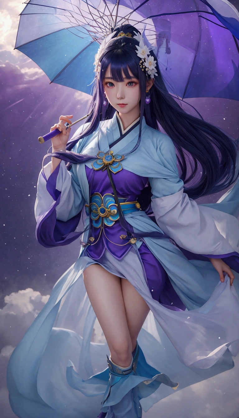 anime girl with a blue umbrella in a purple dress, full body xianxia, beautiful celestial mage, g liulian art style, heise jinyao, yun ling, by Yang J, inspired by Ju Lian, artgerm lau, inspired by Lan Ying, ! dream artgerm, extremely detailed artgerm, inspired by Li Mei-shu