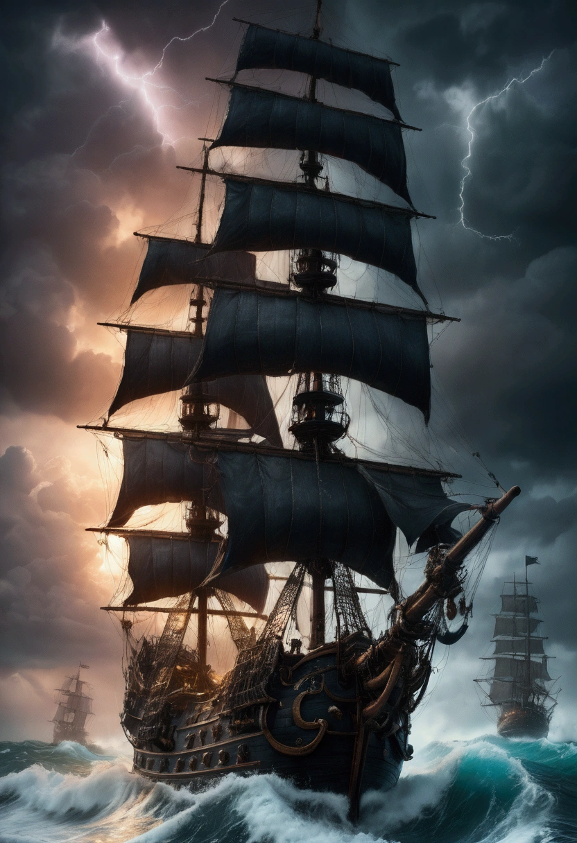 Pirate War, A pirate ship sailing on a stormy sea, dark clouds in the sky, lightning strikes, crew members battling with swords, cannons firing, treasure chest on the deck, detailed gritty textures, dramatic lighting, moody color palette, (4k,8k,highres:1.2), ultra-detailed, cinematic, action adventure, hyper detailed, masterpiece, best quality, very aesthetic, absurdres