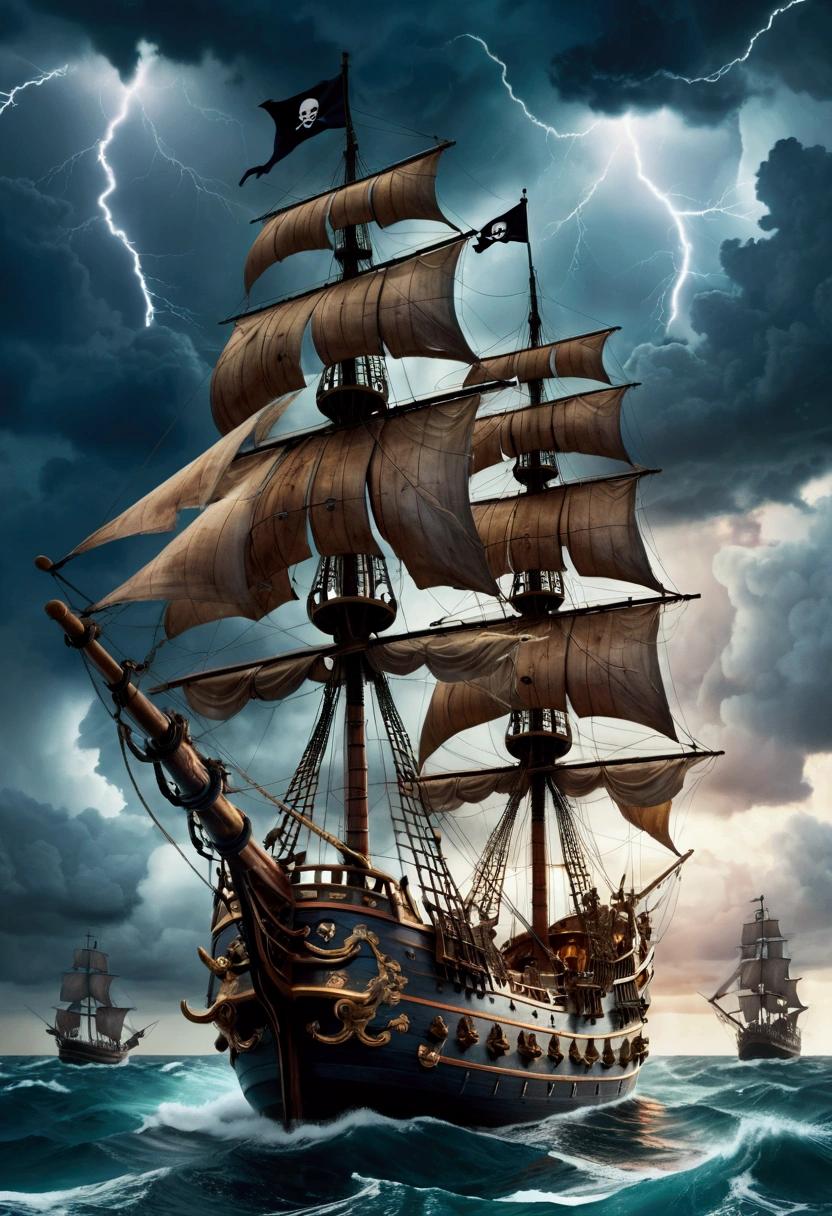 Pirate War, A pirate ship sailing on a stormy sea, dark clouds in the sky, lightning strikes, crew members battling with swords, cannons firing, treasure chest on the deck, detailed gritty textures, dramatic lighting, moody color palette, (4k,8k,highres:1.2), ultra-detailed, cinematic, action adventure, hyper detailed, masterpiece, best quality, very aesthetic, absurdres