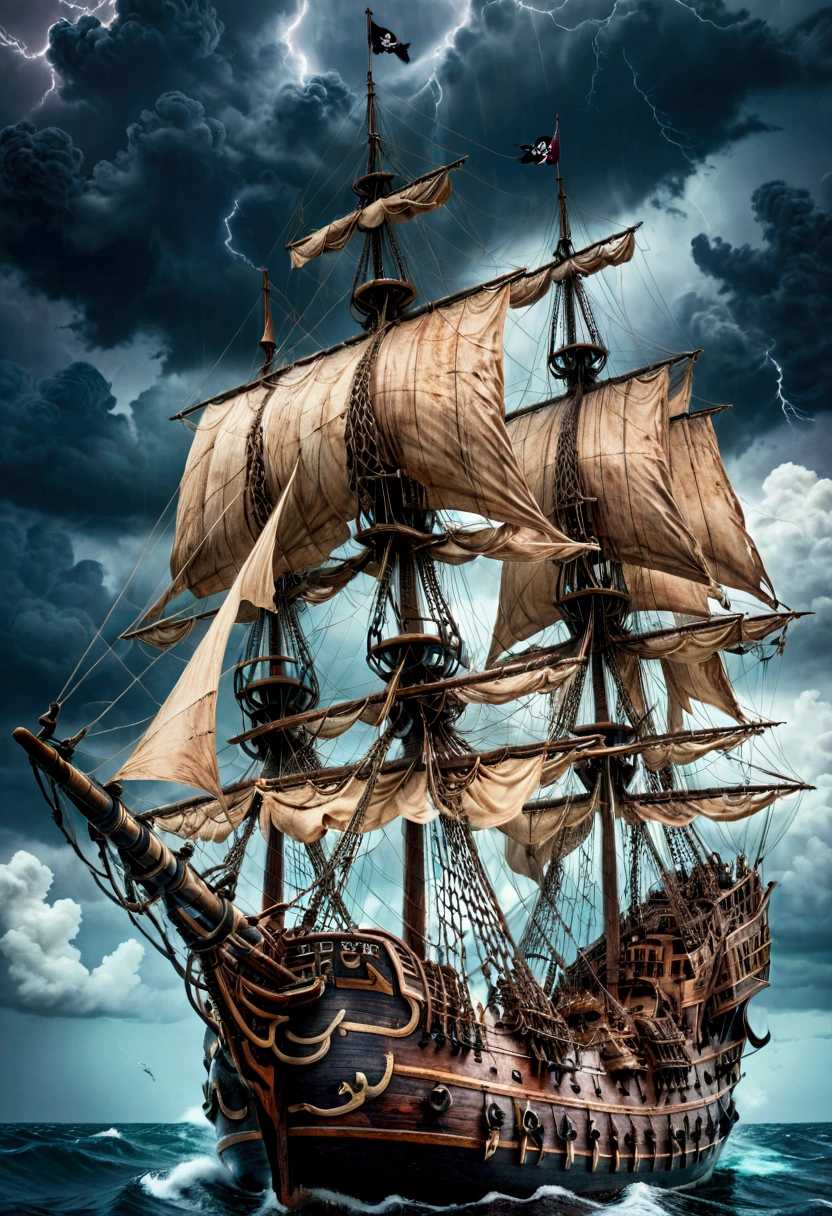 Pirate War, A pirate ship sailing on a stormy sea, dark clouds in the sky, lightning strikes, crew members battling with swords, cannons firing, treasure chest on the deck, detailed gritty textures, dramatic lighting, moody color palette, (4k,8k,highres:1.2), ultra-detailed, cinematic, action adventure, hyper detailed, masterpiece, best quality, very aesthetic, absurdres