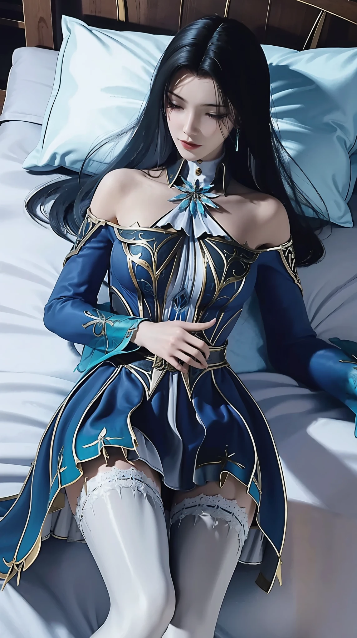 一个女孩Lying in bed，Dressed in suspender pajamas，Face up，Raise your legs slightly，Front view super detailed beautiful big breasted girl 16 years old. Ultra HD, 4K, 8K, Movie，whole body，Lying down，Long legs，Very big breasts，whole body捕捉，（（（Lying in bed））），（（（whole bodyLying in bed））），big bed，Off-shoulder，Shoulder-length skirt，Lying in bed，Sleeping on the pillow，Lying down，Headrest pillows，（（（平Lying in bed））），whole body平Lying in bed