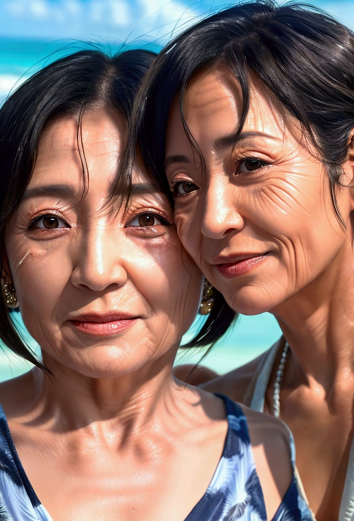 1 Japanese Mature, I'm on a tropical beach wearing a bikini, The background is the sea and palm trees, (50-year-old woman:1.4),(Wrinkles around the eyes:1.4), (Realistic, photo-Realistic:1.4), (Photorealistic:1.4), Gravure quality,