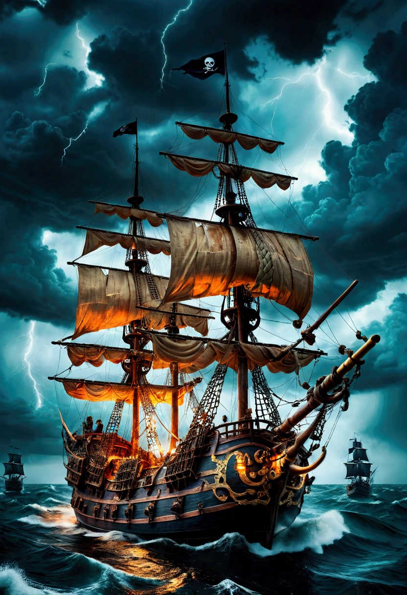 Pirate War, A pirate ship sailing on a stormy sea, dark clouds in the sky, lightning strikes, crew members battling with swords, cannons firing, treasure chest on the deck, detailed gritty textures, dramatic lighting, moody color palette, (4k,8k,highres:1.2), ultra-detailed, cinematic, action adventure, hyper detailed, masterpiece, best quality, very aesthetic, absurdres