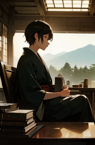 Quiet man,kimono,Mountain of books,Soft lighting,Antique books,Highest quality,Quiet setting,Vintage feel,Drinking coffee and relaxing